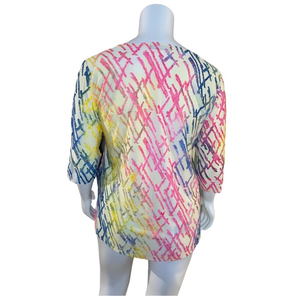 Creation Blouse 1X/2X Colorful Textured 3/4 Sleeve Cream Crew Neck Button Detail - Picture 10 of 16